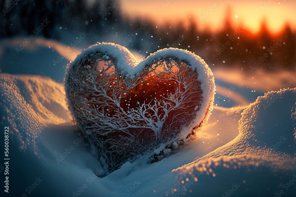 snowy and frozen red heart in a beautiful winter landscape, generative ai